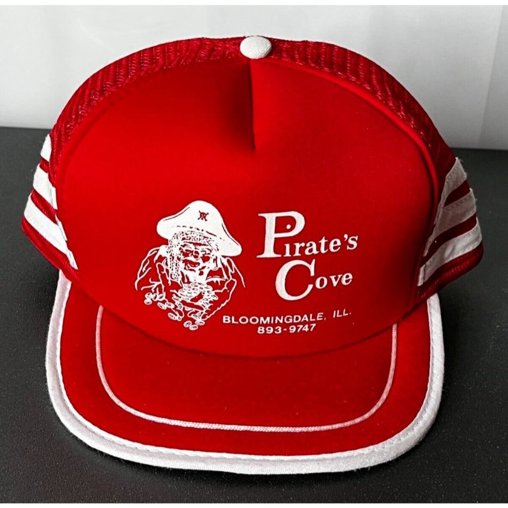 Vintage San Sun Three Stripe Mesh Trucker SnapBack Cap Hat pirates cove Illinois